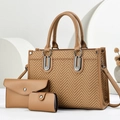 Ensemble de 3 sacs cabas marron avec motif à chevrons et boucle métallique - Khaki