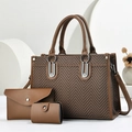 Ensemble 3 pièces avec grand sac cabas, pochette et porte-cartes en motif à chevrons brun - Marron