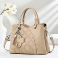 Chic beige shoulder handbag with diamond lattice stitching and floral charm accessory - Khaki