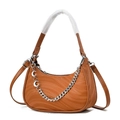 Detailed view of brown moon bag featuring wave embossed texture and silver chain strap - Khaki/Earth Yellow