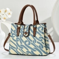 Bolso tote de lona de tres capas con estampado espiral azul y asas de cuero marrón - Estilo Textura Espiral / Azul
