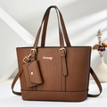 Brown herringbone textured tote bag with detachable mini purse and gold hardware - Brown