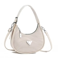 Detail view of beige hobo bag showing silver triangle plaque and chain decoration - Off-white