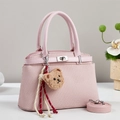 Pink woven texture crossbody bag with silver clasp and cute brown bear pendant accessory - Pink
