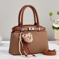 Brown woven texture shell handbag with plush bear charm and detachable leather strap - Khaki/Earth Yellow