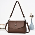 Detail of vintage brown pebble leather handbag with metallic leaf buckle on white background - Coffee