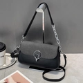 Detail of grey tweed and black leather box bag with silver ring clasp and chain strap - Black