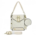 Detail of cream shoulder bag with swan buckle, charm pouch and embossed number pattern - Off White