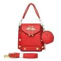 Red embossed faux leather tote bag with swan pendant and matching round coin purse - Red