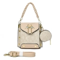 Detail of beige tote bag set with swan buckle, coin purse and woven handles - Apricot