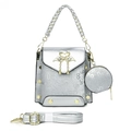 Detail of silver tote bag with swan clasp, embossed numbers and hanging coin purse - Silver