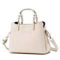 Off-white lychee leather tote bag with gold metal handles and adjustable shoulder strap - Off-white