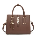 Deep brown lychee textured tote bag with gold lock and heart keychain on white background - Coffee