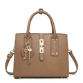 Macro detail of brown litchi pattern bag with gold hardware and heart key charms - Khaki