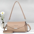 Khaki pebbled leather square shoulder bag with silver metallic trim and fashion logo - Dark Khaki