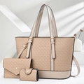 Minimalistisches 3-teiliges Set aus beigem gewebtem Shopper, Tasche und Kartenetui-Set - Hellbeige