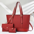 Rotes Taschen-Set mit Webmuster, bestehend aus Tragetasche, Geldbörse und Zylinder-Etui - Weinrot