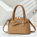 Retro brown herringbone patterned handbag with leather straps and shoulder strap - Khaki