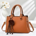 Brown herringbone embossed tote bag with faux fur charm and adjustable strap - Khaki/Earth Yellow