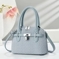 Elegant blue herringbone crossbody bag with leather trim and adjustable shoulder strap - Blue