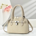 Elegant beige woven handbag with herringbone pattern and dual zipper closure - Off-white