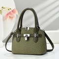 Elegant dark green herringbone fabric handbag with silver padlock and leather strap - Green