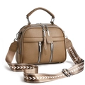 Fashionable khaki leather crossbody bag with silver zippers and geometric wide strap - Dark Khaki