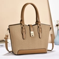 Borsa tote vintage beige a spina di pesce con finiture in pelle marrone e fibbia oro - Cachi