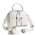 White pebbled leather crossbody bag with dual zipper pockets and wide jacquard strap - White