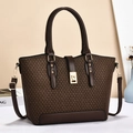 Dark brown woven leather tote bag with gold metal buckle and adjustable shoulder strap - Coffee