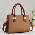 Brown leather woven tote handbag with dual handles and adjustable shoulder strap - Khaki/Earth Yellow