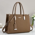 Sac fourre-tout en cuir marron et tissu tissé avec doubles poignées et bandoulière réglable - Khaki