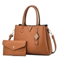 Litchi pattern caramel leather tote bag set with V-shaped gold hardware and strap - Khaki/Earth Yellow