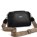Chic black litchi pattern leather handbag with wide geometric woven shoulder strap - Black