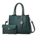 Dark green pebble leather tote bag set with metal V-shaped trim and matching pouch - Green