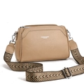 Beige lychee pattern leather crossbody bag with geometric jacquard strap for women - Light Khaki