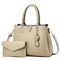 Minimalist beige pebble leather tote bag set with golden hardware and charm on white background - Khaki