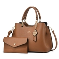 Brown litchi grain leather handbag set with tote bag, wallet and gold hardware - Brown