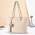 Minimalist beige leather tote bag with gold embossing and cute plush bear charm - Style 2 (Four Long Shoulder Straps) / Off-white