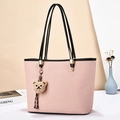 Pink minimalist tote bag with thin black straps and a plush bear charm for daily commute - Style 1 (Double Shoulder Straps) / Pink
