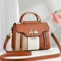 Vintage tricolor patchwork crossbody bag with swan logo and gold top handle - Khaki/Earth Yellow