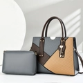 Two-piece color block tote bag set with striped texture and metal key charm - Gray