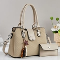 Elegant beige tote bag set with woven texture, metal M-buckle, and star charm accessories - 2-Piece Set (Handbag + Wallet) / Khaki