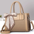 Chic beige tote bag with herringbone weave, silk scarf handle, and adjustable strap - Khaki