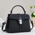 Classic black crossbody square bag with twill texture and silver clasp for women - Black