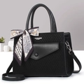 Elegant black knit leather handbag with silk scarf detail and adjustable strap - Black