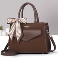 Deep brown leather handbag with fashion lettering and decorative scarf on the handle - Coffee