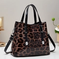 Glossy leopard print tote bag with black handles and adjustable shoulder strap - Coffee