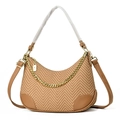 Classic herringbone shoulder bag in camel with gold chain and adjustable leather strap - Khaki