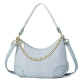Borsa a tracolla a mezzaluna grigio-blu in tessuto a spina di pesce con catena oro - Blu